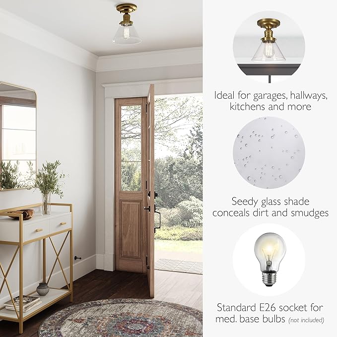 Design House Augustin Ceiling Light, 1-Light, Semi-Flush, Seeded Glass Glow, Dimmable, E26 Socket, Durable Metal Frame, Satin Gold, 7.9 in L x x 7.9 in W x 9.1 in H, 589069-SG
