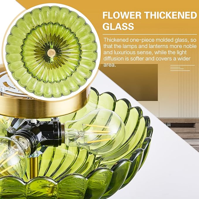 3-Lights Mid Century Modern Vintage Semi Flush Mount Ceiling Light Fixture,Gold Surface Treatment,Green Flower Glass,for Hallway Bedroom Bathroom Foyer Closet Entryway Laundry Room(11.81 in)