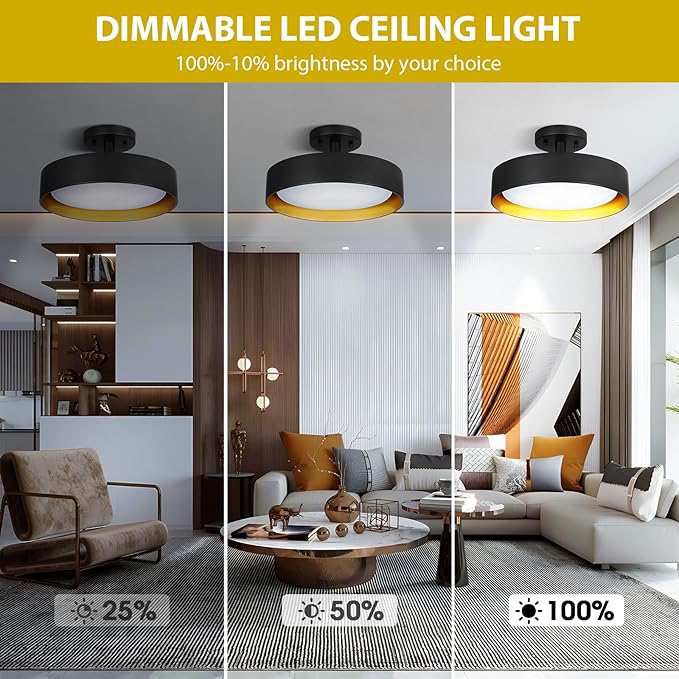 SunRider Industrial Semi Flush Mount LED Ceiling Light Fixture, 12 Inch 25W 2000LM Black Metal Bedroom Lamp, Golden Inside, 6000K Cool White, Dimmable