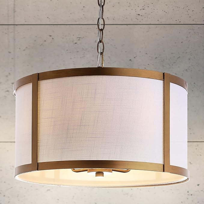 JONATHAN Y 17" Gold/White Metal LED Pendant Light for Kitchen Island, White Linen Drum Shade, Transitional Ceiling Hanging Fixture for Dining Room, 4 Bulbs Included (JYL3510B)