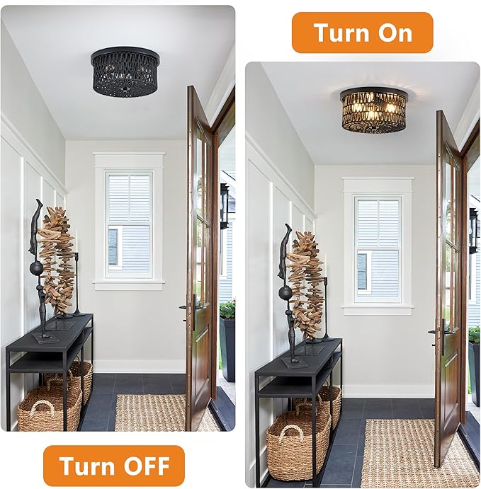 Black Rattan Light Fixture, 3 Light Flush Mount Ceiling Light, Boho Ceiling Light for Hallway, Entryway, Bedroom, Kitchen