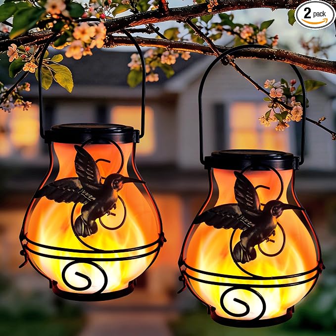 Solar Lanterns Outdoor Waterproof Hummingbird Hanging Solar Lantern Outdoor Garden Decoration Gifts for Mom Grandma Flickering Flame Lights 2 Packs