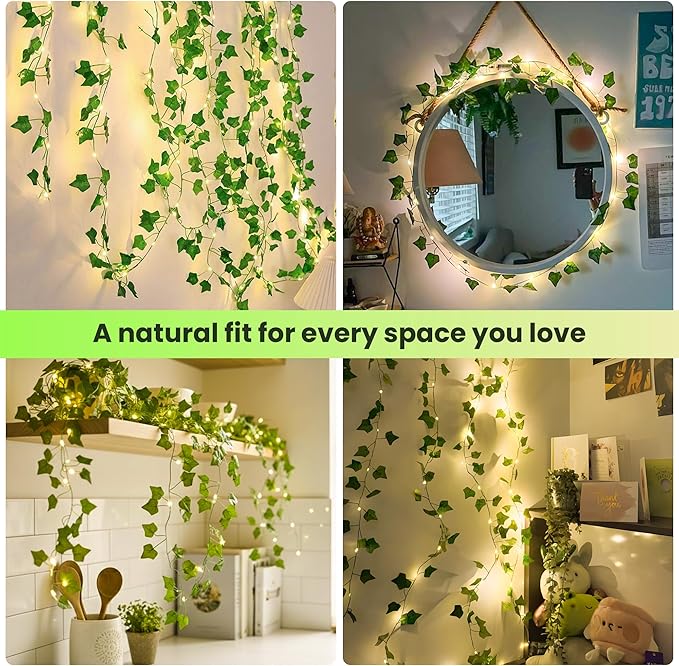 Ivy Vine String Lights, 23FT 73 LED Pre-Wrapped Faux Ivy Garland with Fairy Lights, USB & Battery Powered Leaf Lights for Bedroom Wall, Dorm Room, Classroom Decor, Warm White