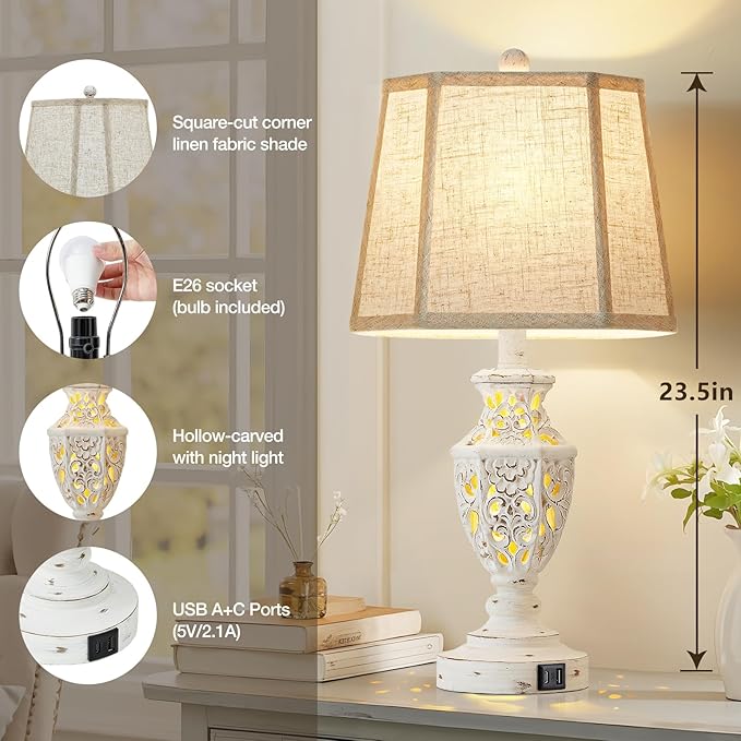 EJIAXIN Lamps for Night Stands Set of 2-23.5" Boho Bedside Lamp with USB A+C and Nightlight - Cream Rustic Carved Resin Farmhouse Table Lamp for Bedrooms, End Tables, Living Room, Bulbs Included