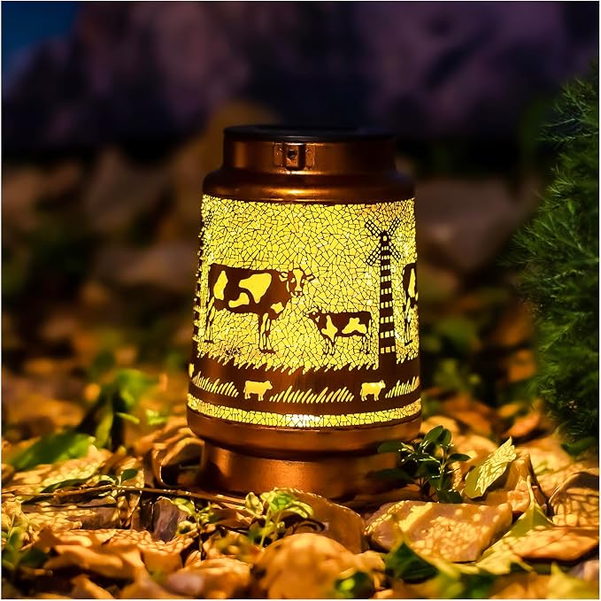 EZTZEN Cow Solar Lanterns Outdoor Waterproof Hanging Solar Lights Cow Gifts for Women Men Metal Decorative LED Cow Lanterns for Garden Decor,Yard,Patio,Lawn,Tabletop,Pathway,Landscape, Brown