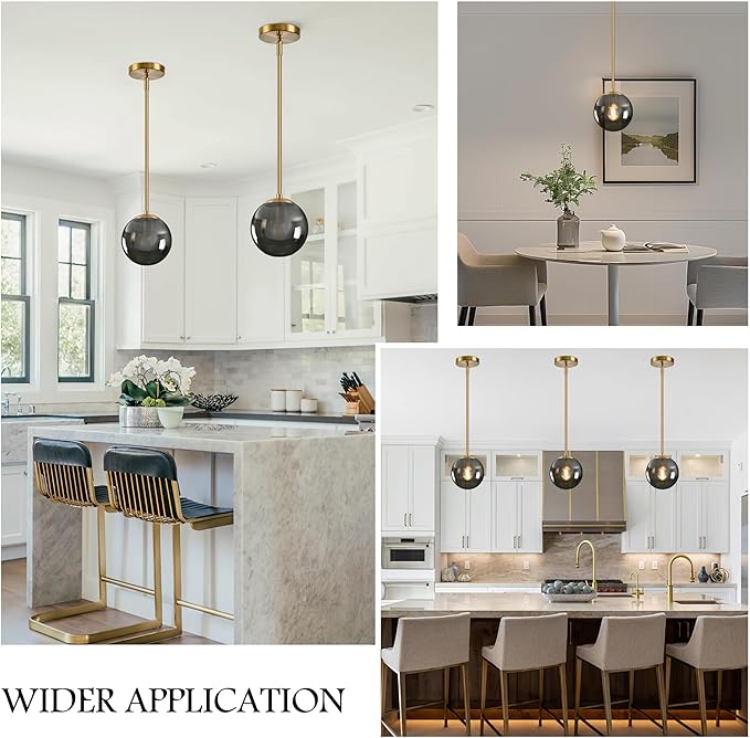 Bagood 6 Inch Globe Pendant Light Gold Globe Pendant Lights Kitchen Island Mid Century Light Fixture with Gray Clear Glass Contemporary Adjustable Hanging Lights for Dining Room (Bulb Included)