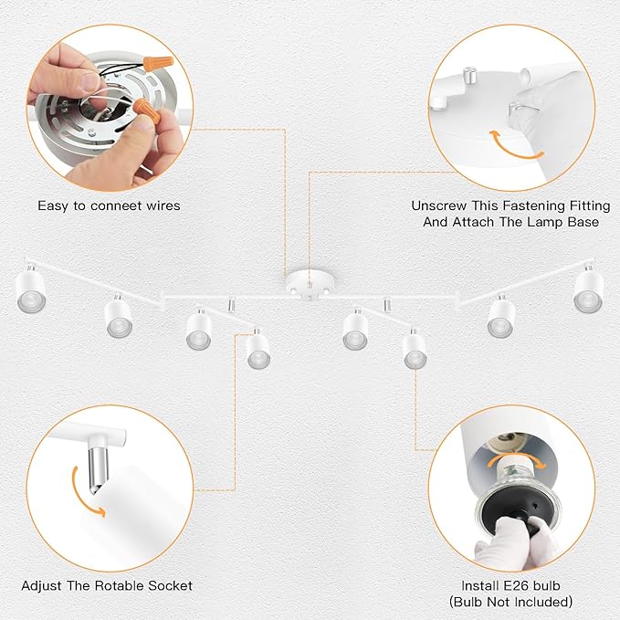 BoostArea LED 8 Light Track Lighting Kit, White 8 Way Ceiling Spot Lighting, Flexibly Rotatable Light Head for Kitchen, Living Room, Bedroom, GU10 Bulb Not Included