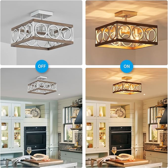 XINGQI Square Ceiling Lights 13'' Farmhouse Semi Flush Mount Ceiling Light Fixture Rustic Chandelier for Living Dining Room Bedroom, Antique Wood Grain & Brushed Nickel Finish, 4 E12 Bulbs