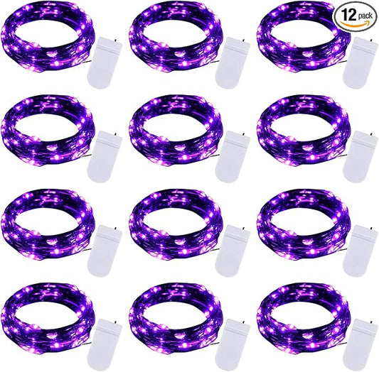 Halloween Purple Fairy String Lights: 12 Pack 7 Ft 20 LED Battery Operated Firefly Lights on Black Wire Starry Moon Lights for DIY Party Bedroom Patio