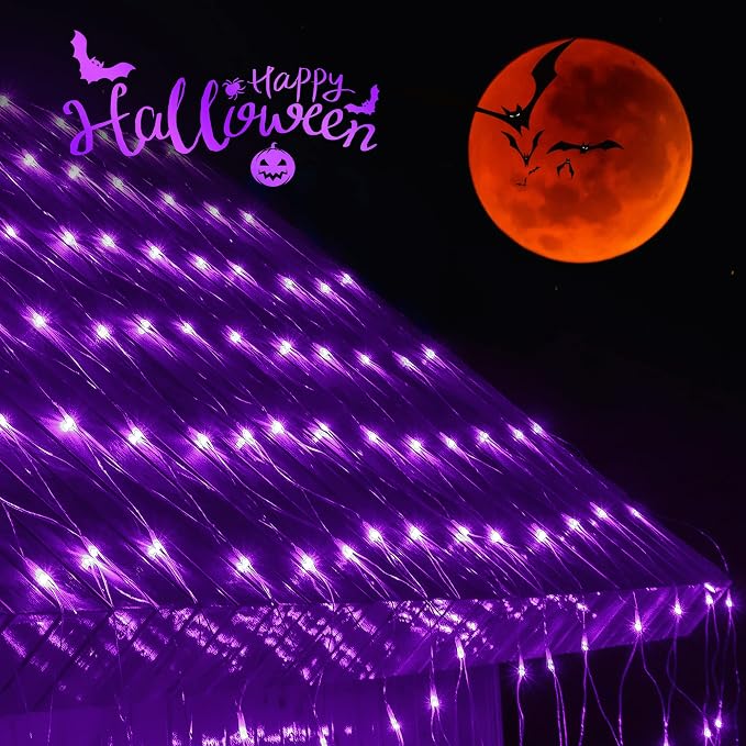 woohaha Outdoor Halloween Net Lights, 9.8FTx6.6FT 192 LED Plug-in Mesh Lights with 8 Lighting Modes, Connectable Light for Bush Halloween Christmas Garden Tree Holiday Wedding Party Decor, Purple