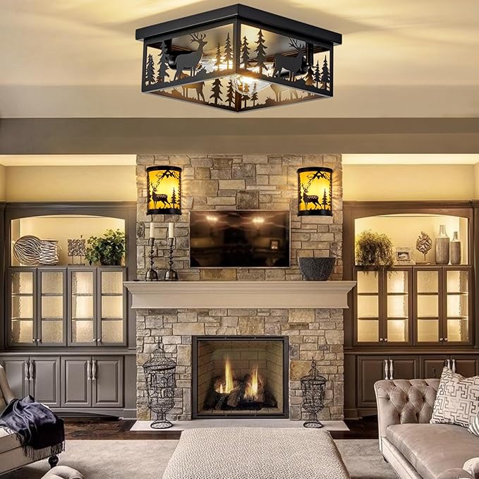 Farmhouse Rustic Deer Ceiling Light Fixtures, Vintage Metal Cage Light Perfests for Kitchen, Living Room, Bedroom, Balcony, Entryway, Hallway, Cabin(Bulbs not Included)