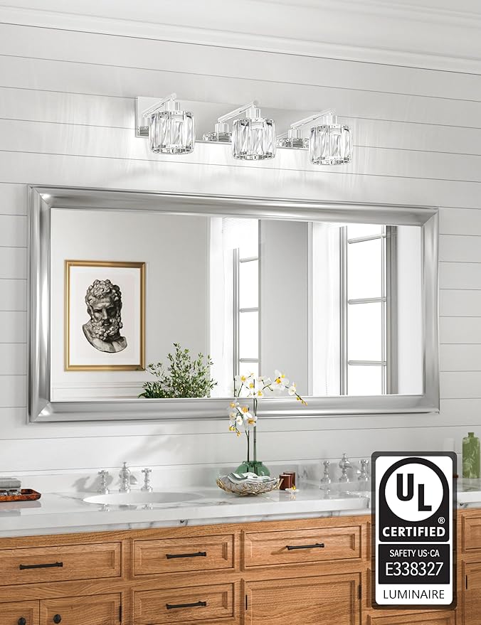 VOLISUN Crystal Vanity Lights for Bathroom, 3 Light Modern Stainless Steel Chrome Bathroom Vanity Light Fixture Over Mirror - UL Certificated (Bulb Not Included)