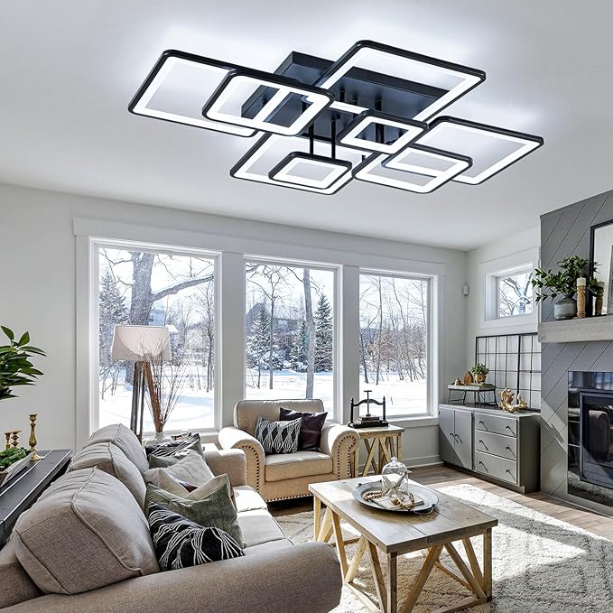 Shine LUEST Modern LED Ceiling Light, Dimmable LED Chandelier Black Flush Mount Ceiling Lights, Remote Control Acrylic Ring Ceiling Lamp Fixture for Living Room Dining Room Bedroom, 8H-FANG-BL-04