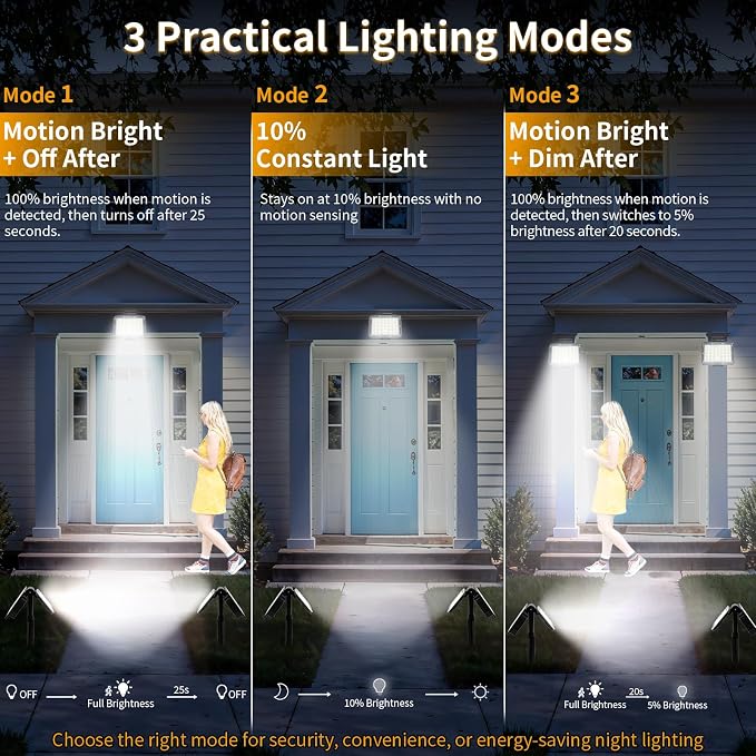 JINXING Solar Spot Lights Outdoor, Motion Sensor Solar Flood Light with Dusk to Dawn, IP65 Waterproof Solar Security Light for Pathway, Front Door, Porch, Yard, Wall, Garden, Stake or Wall Mount