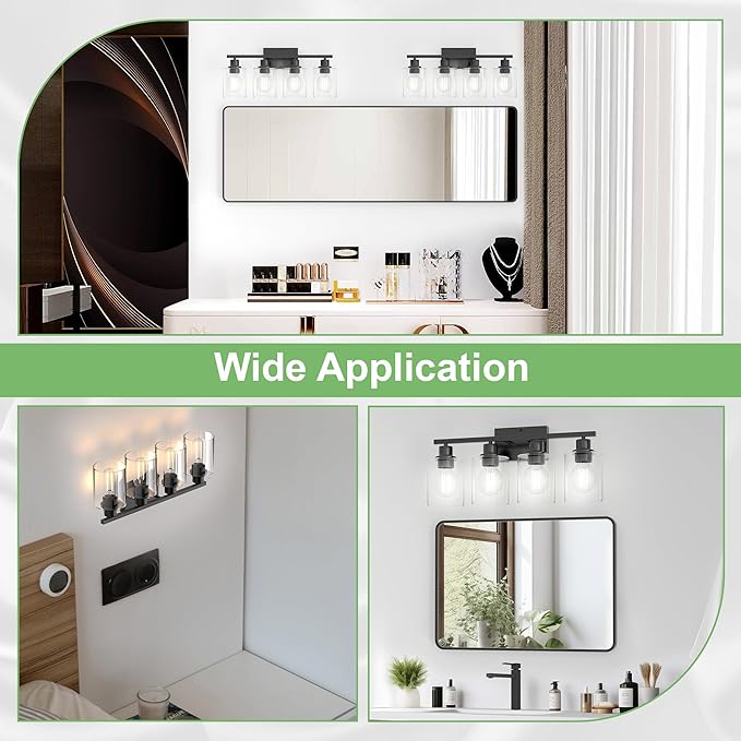 Bathroom Lights Over Mirror, 4-Light Black Vanity Light for Bathroom, 24Inches Anti-Rust Modern Wall Sconce, Standard E26 Base, Clear Glass Shades, Bulbs Not Included