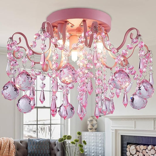 Rain Drop Crystal Small Crystal Chandelier Ceiling Light 3-Light Fixture Modern Chrome Iron Material Suitable for Bedrooms, Hallways, Walk-in Closets, Entryways, Stairwells (Pink)