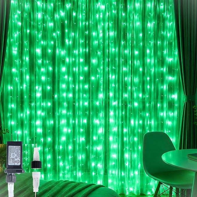HEYFUNi 9.8 x 9.8ft Green Curtain Lights - 304 LED Hanging Fairy Lights for St. Patrick’s Day Decorations, 8 Modes Waterproof Window String Lights with Memory, Green Backdrop for Party Bedroom Wall