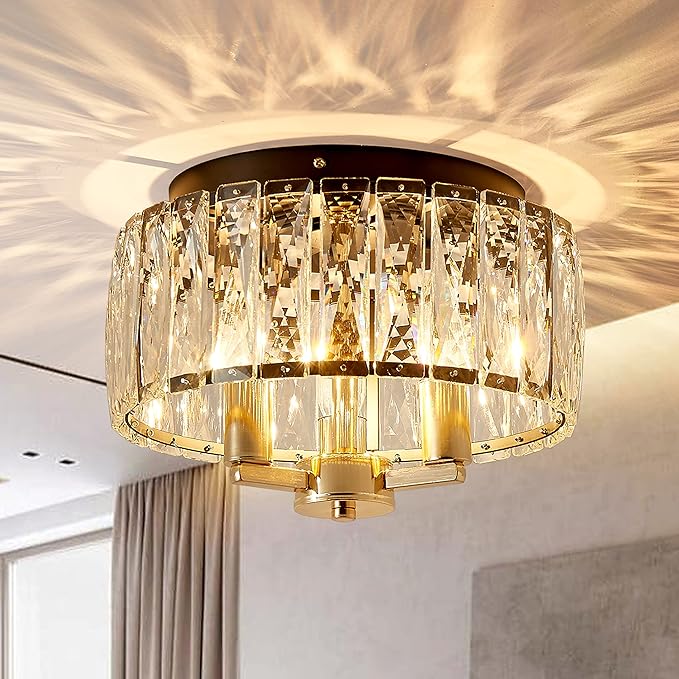 AGV LIGHTING CL002BB Crystal Flush Mount Ceiling Light Fixture, E12 Base 3-Lights, D13 x H15, Shine Gold & Matte Black Finish