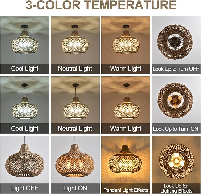 18.11" Rattan Pendant Light,Boho Hand Woven Wicker Hanging Light Seagrass Rattan Chandelier for Dining Living Bedroom