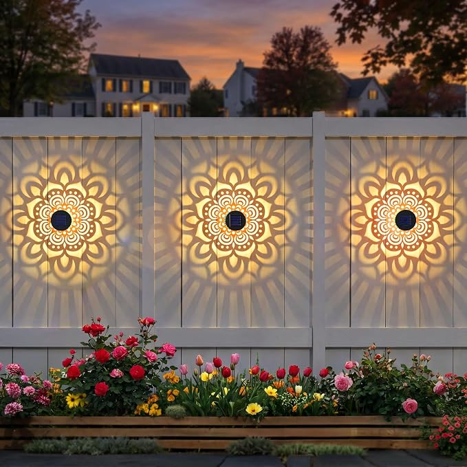 Solar Fence Lights 4 Pack Outdoor Deck Step Wall Lights Metal Waterproof LED Warm Yellow Light for Garden Post Patio Backyard Yard Decor (Mandala-1, 4)