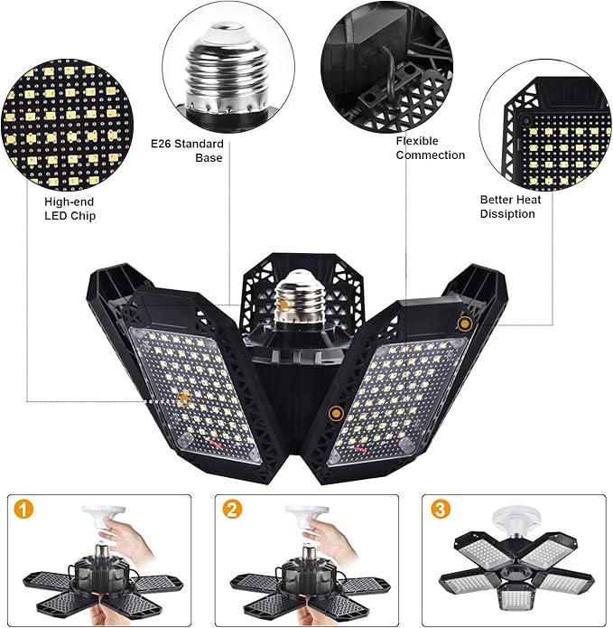 Mefflypee 2 Pack LED Garage Lights, 120W Deformable LED Garage Ceiling Light with 5 Adjustable Panels, 12000LM E26 Shop Lamp for Basement, Barn, High Bay, Store (2 Pack)