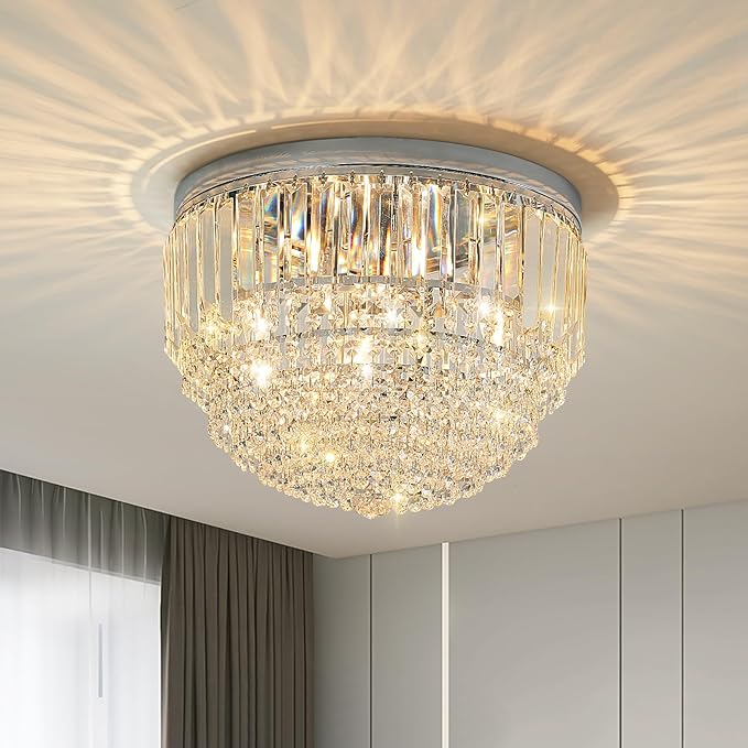 YMP&YZX 5-Lights Crystal Chandelier,15.7" Modern Ceiling Light Fixture Lamp,Flush Mount Round Metal Shade Chandelier E12 Base for Dining Room Living Room Bathroom Bedroom Chrome