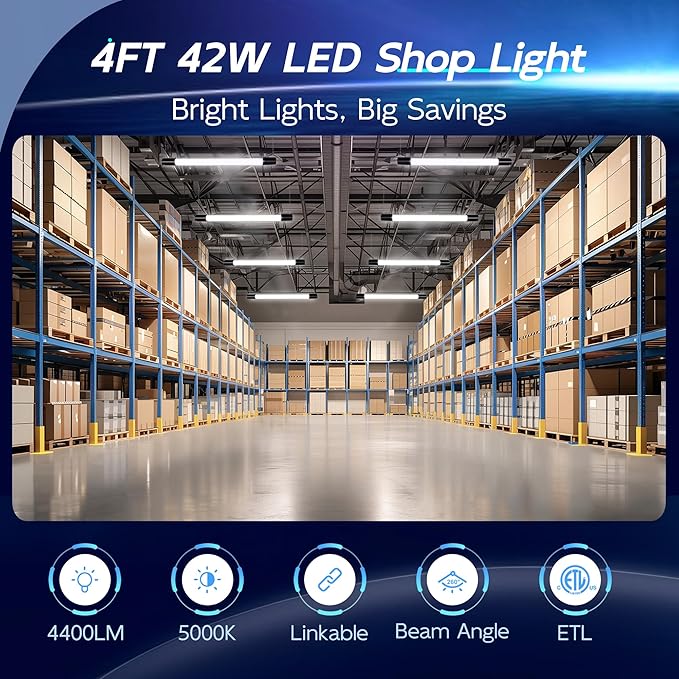hykolity 6 Pack 4FT Linkable LED Shop Light, Utility Shop Light Fixture, 4400lm, 42W [250W Equivalent], 5000K Daylight Shop Lights for Garage, Hanging or Surface Mount, with Power Cord, ETL, Black