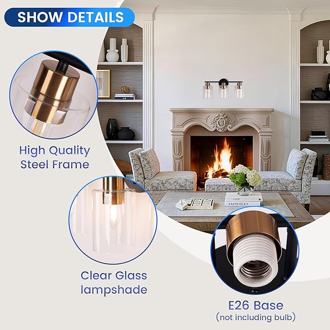 Bathroom Vanity Light, 3-Light Wall Sconce, Modern Matte Black and Gold Brushed Brass with Clear Glass Classic Lamp for Dressing Table, Bathroom Light Fixtures Over Mirror Bedroom Hallway