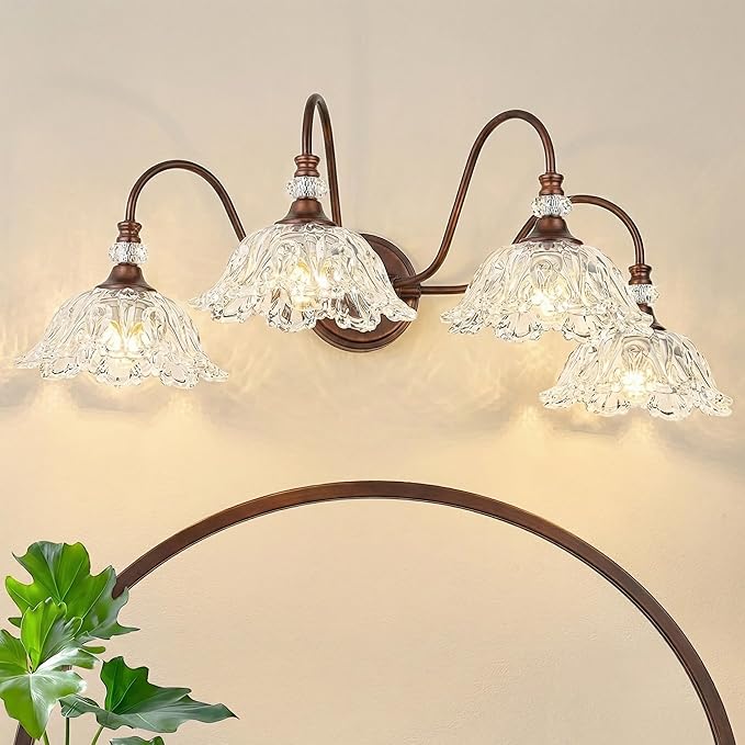 Antique Red Bronze Finish Bathroom Vanity Light, 4-Light Vintage Vanity Light with Floral Clear Glass Shades, Retro Wall Mount Lighting for Bathroom, Dressing Table