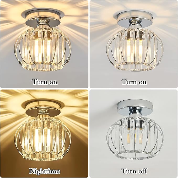 YYJLX Modern Semi Flush Mount Ceiling Light Fixture E26 Mini Crystal Chandelier Chrome Small Ceiling Lamp for Entryway Bedroom Bathroom Hallway Closet Foyer （Silver
