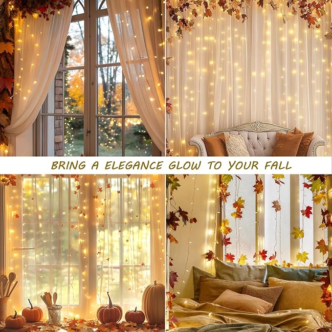 HEYFUNi Curtain Lights,13ftx6.5ft Safety Window Curtain Icicle String Lights 30V 8 Modes for Christmas Wedding Party Family Patio Lawn Decoration(Warm White)
