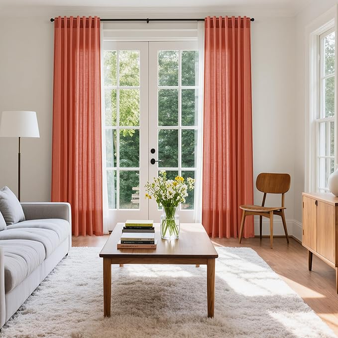 Nanspring Coral Linen Curtains 108 Inches Long 2 Panels Set Back Tab Loop Pocket Light Filtering Semi Sheer Boho Large Window Decor Extra Long Drapes for High Ceiling Living Room 52x108
