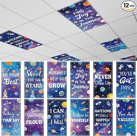 Capoda 12 Pcs Fluorescent Light Covers for Ceiling Lights 4 x 2 Ft Magnetic Space Light Covers Positive Fluorescent Ceiling Shade Filters for Classroom Home Hospital Office Cubicle Decor