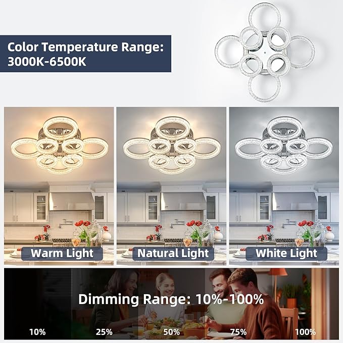 OKELI Modern Ceiling Light, 8 Rings 26.8'' Dimmable LED 106W Flush Mount Ceiling Lights with Remote Acrylic Crystal Round Ceiling Light Fixture, Bedroom Living Room Dining Room, Chrome