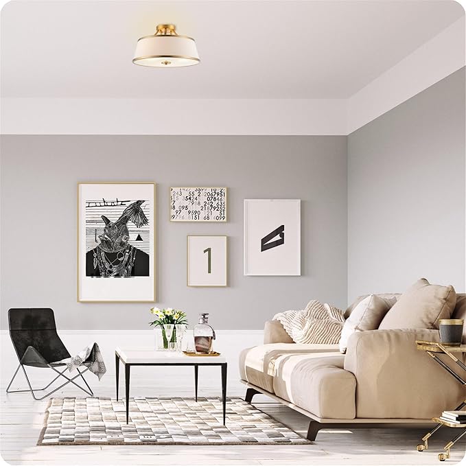 Kira Home Zoey 18" Modern 3-Light Semi-Flush Mount Ceiling Light Fixture + White Fabric Shade, Warm Brass Finish, Pack of 2