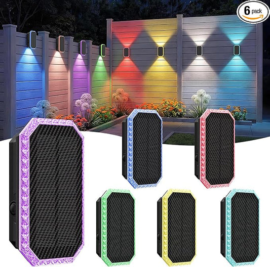 TECKNET Solar Fence Lights Outdoor, 6 Pack Solar Powered Wall Lights, Bi-Directional Up and Down Lighting, IP67 Waterproof RGBW with 8 Colors & Dynamic Cycling for Patio, Porch, Pool Cage