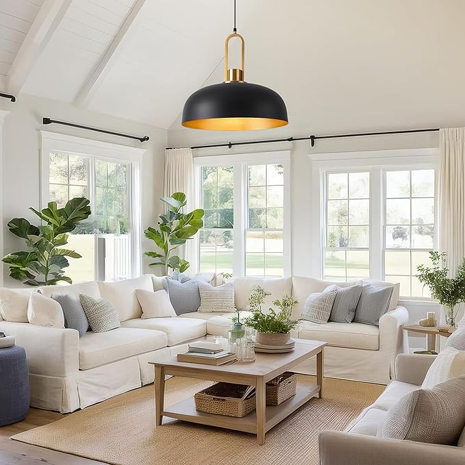 Matte Black Dome Pendant Light 18" Large Farmhouse Pendant Lighting Fixture Vintage Black and Gold Chandeliers for Dining Room, Kitchen Island, Bedroom, Hallway