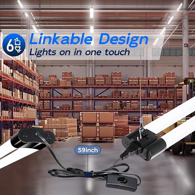 hykolity 6 Pack 4FT Linkable LED Shop Light, Utility Shop Light Fixture, 4400lm, 42W [250W Equivalent], 5000K Daylight Shop Lights for Garage, Hanging or Surface Mount, with Power Cord, ETL, Black