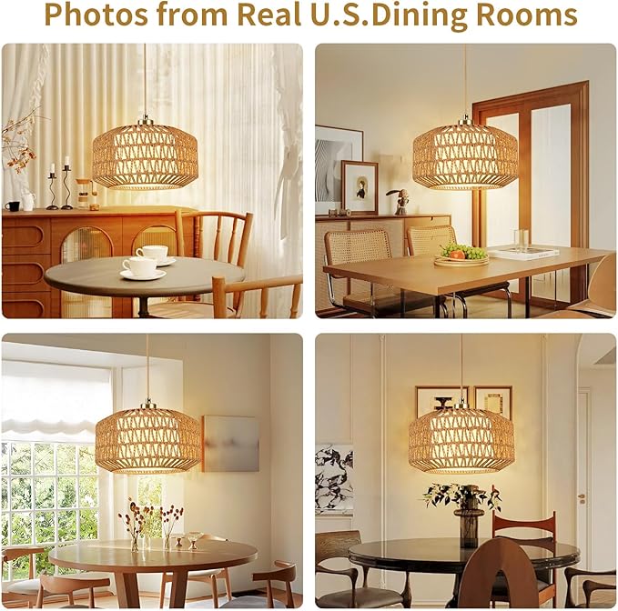 Plug in Pendant Light, Rattan Hanging Lights with Plug in Cord, Rattan Woven and Fabric 2 in 1 LampShade, Hanging Lamp Plug in for Bedroom Living Room Kitchen Island (Bulb Included)
