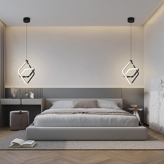 Modern LED Pendant Lights Plated Black Rectangular Pendant Light Fixtures 4000K 20W Dimmable Pendant Lighting for Dining Room Kitchen Island Bedroom Living Room Foyer（3-Pack）