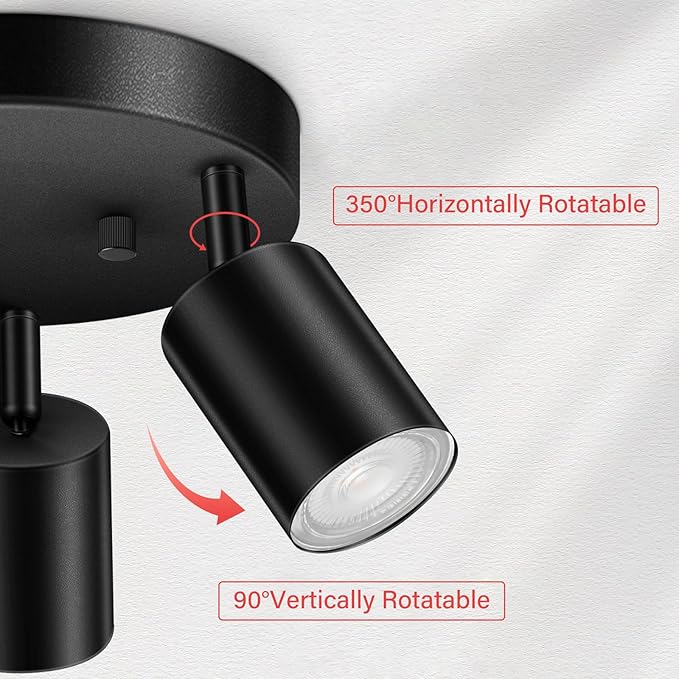 LED 3 Light Track Lighting Kit, LED Track Lighting Fixtures, Black Round Ceiling Spot Lighting, Flexibly Rotatable Light Head for Kitchen, Living Room, Bedroom, GU10 Bulb Not Included