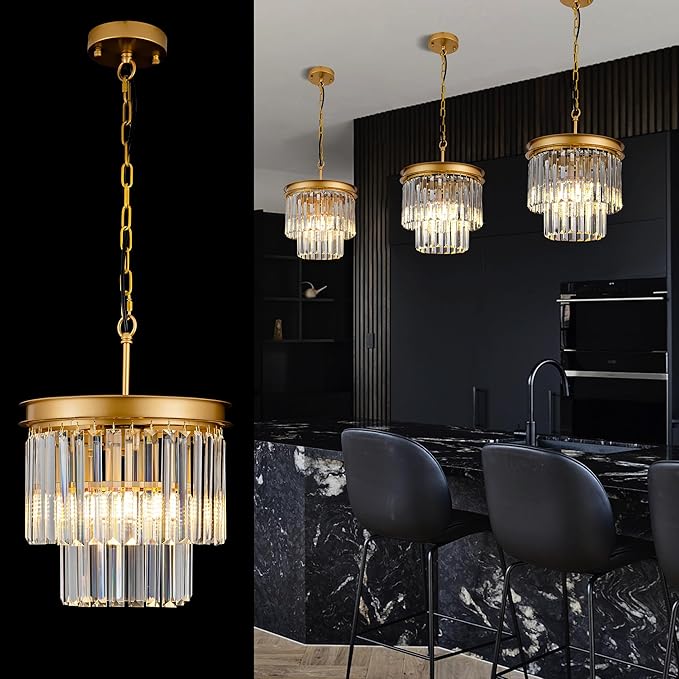 Gold Crystal Pendant Light 11.8" 3-Light Modern Round Chandelier Fixture 2-Tier Luxury Crystal Ceiling Hanging Light for Dining Room Hallway Living Room Bedroom Kitchen Island 1-Pack