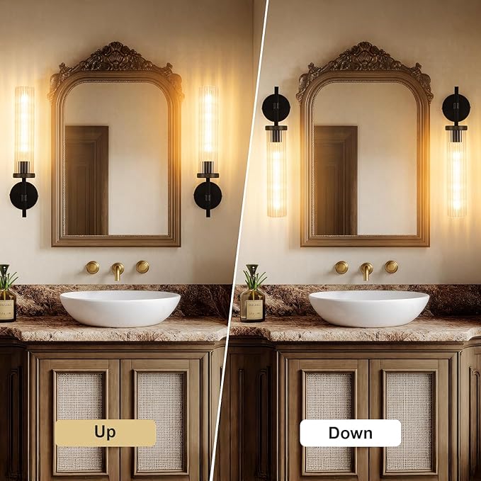 19.5" Knurled Brass Wall Sconce with Vertical Striped Glass Tube, Black Gold Bathroom Vanity Light Fixtures, Modern Lamp Lighting for Bedroom, Living Room, Hallway, Staircase, Mirror, Kitchen