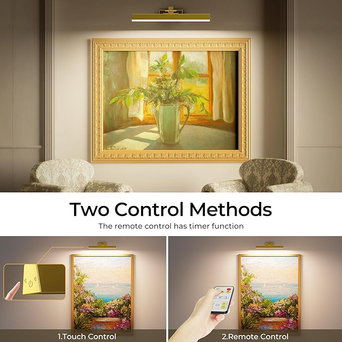 Afyuol Picture Lights for Wall, Battery Operated Picture Light 16in Art Light CCT Dimmable Recharging Battery Wall Light with Remote Control for Living Room Gallery Gold 2PCS