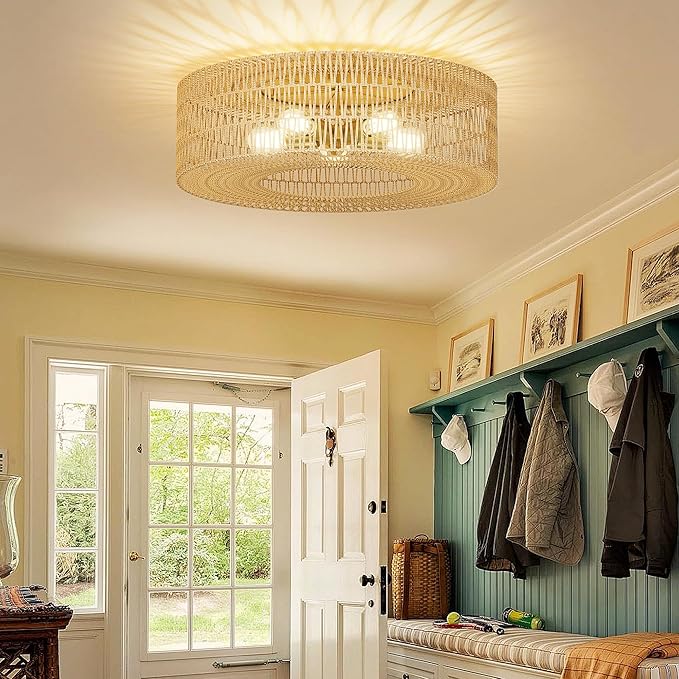 ROOMTEC 24" Rattan Flush Mount Ceiling Light, 5-Light Ceiling Fixture with Bulbs Included, Boho Woven Natural Fiber Dining Room Light for Bedroom Living Room Kitchen