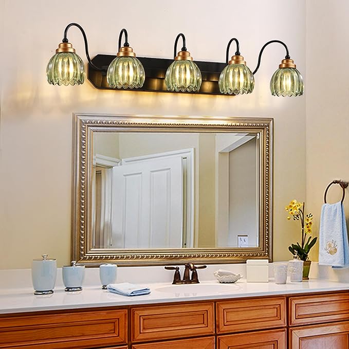 Vintage Bathroom Vanity Light, 5 Light Bathroom Lighting Fixtures Over Mirror, Mid Century Style Farmhouse Light Fixtures with Green Glass Shades, Black Finish Wall Mount for Bedroom , Living Room