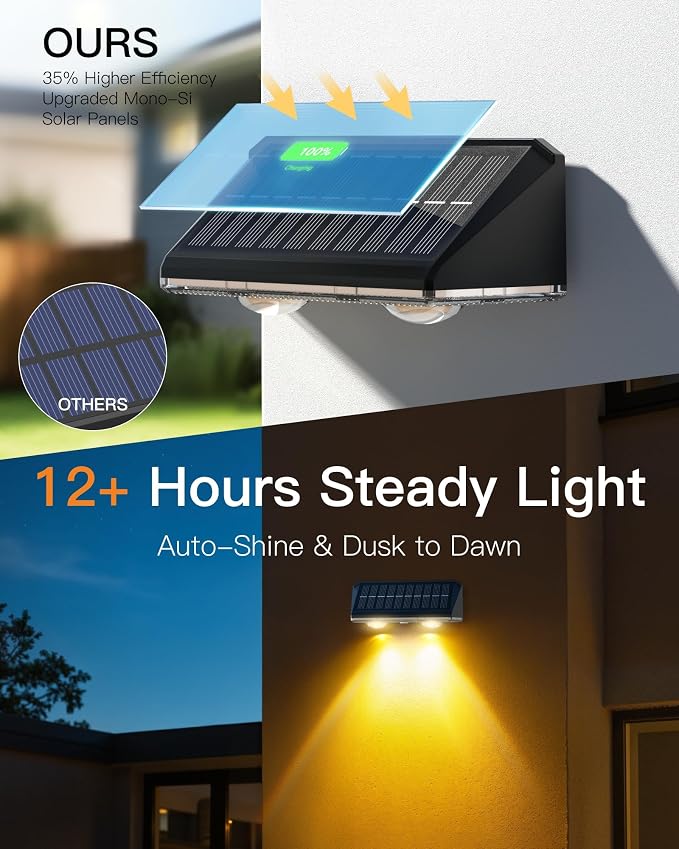 KEILAIMO Solar Fence Lights Outdoor, 2 Pack IP65 Waterproof Fence Lights Solar Powered with Ultra-Bright LED Lens, 9 Color Modes, 12+ Hours Steady Glow for Deck/Backyard/Patio/Pool/Wall - Black