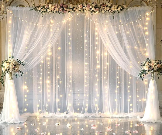 20ft X 8ft White Tulle Wedding Backdrop Curtains with Lights String 4 Panels White Sheer Backdrop Curtains for Parties Bridal Shower Baby Shower Birthday Christmas Photo Shoot Background Decorations