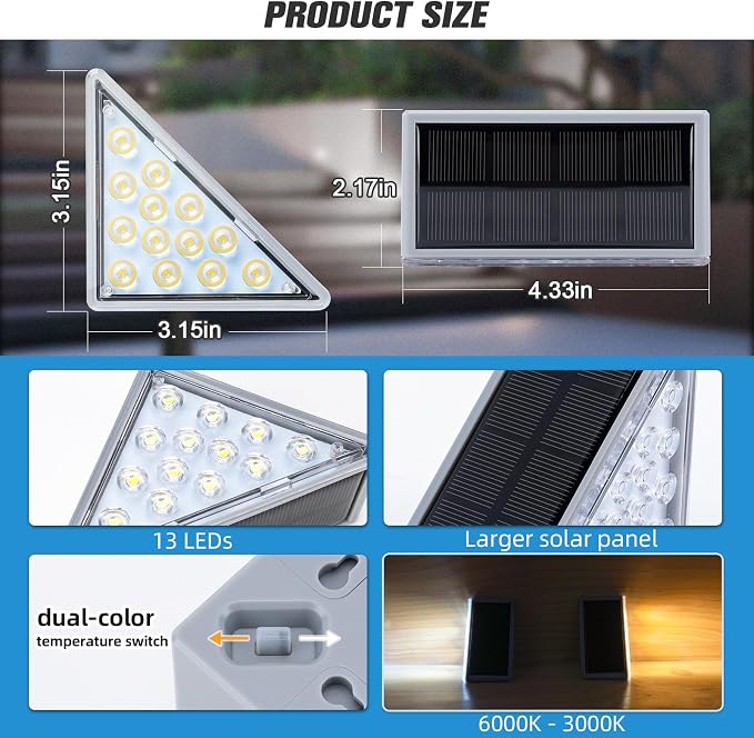 NIORSUN Solar Step Lights 24 Pack - Outdoor Stair Lights with 3000K Warm White & 6000K Cool Daylight, IP67 Waterproof, Auto On/Off, Super Bright for Deck, Patio, Steps