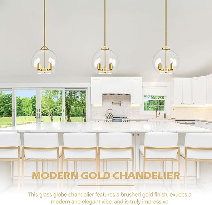 10" Gold Pendant Lights Glass Globe Pendant Light Fixture Bedroom Mid Century Modern Pendant Lighting Brass Pendant Light for Kitchen Island Bedroom Living Room Dinning Room (Bulb Incl.)